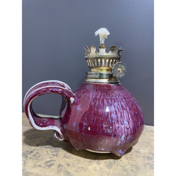 Stephen Bennett Art Pottery Hurricane Lantern Red Blue Drip Handmade Signed - Picture 2 of 4